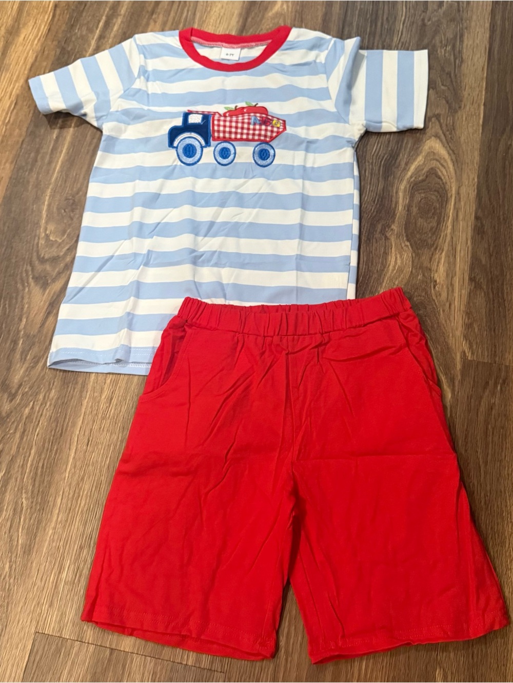 Children's Light Blue Striped Truck Tee and Red Shorts Set NEW Size 6-7